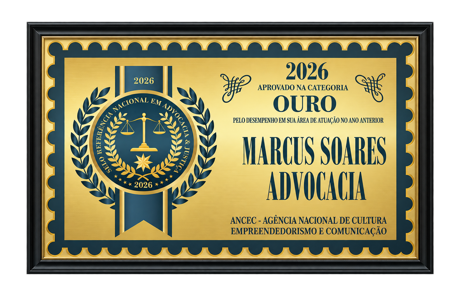 Certificado Selo Referência Nacional em Advocacia e Justiça 2026, categoria Ouro, concedido pela ANCEC ao Marcus Soares Advocacia